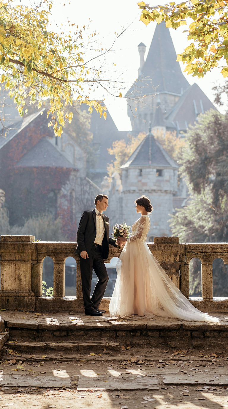 Bride and groom at an outdoor wedding venue